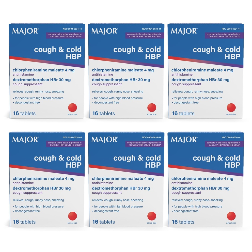 MAJOR Cough and Cold HBP Tablets - Antistamina e Cough Suppressant per le persone con alta pressione sanguigna - Dextromethorphan HBr, Chlorpheniramine Maleate - 16 Conte (6 Pack)