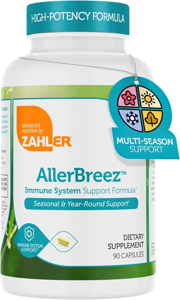 Zahler AllerBreez Immune System Support Formula con Vitamina C, Quercetin, Vitamina B5, MSM & Sting Nettle - Seasonal & Year-Round Immune Support Supplement, Dhist Allergy Supplement (180 Capsules)