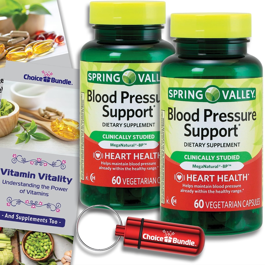 Scelta Bundle Spring Valley supporto pressione sanguigna Capsule vegetariani 60 Ct 2 pk (120 Totale) + Guida alla vitamina & Pill Container (4 voci)!