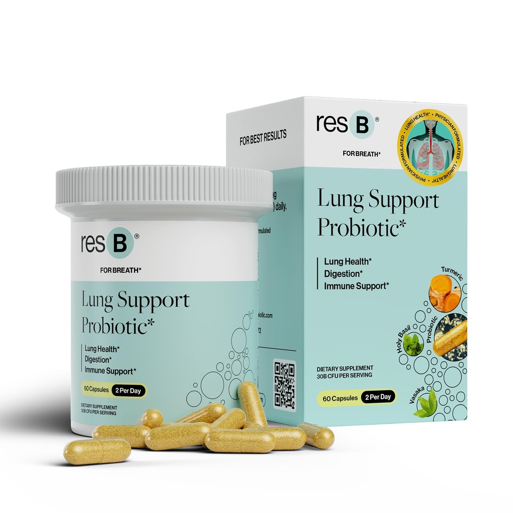 resB Lung Support Probiotic Supplement - Integratore di salute polmonare per fumatori, Gut Health, Immune & Digestive Support, Cura respiratoria, Sacra Basilio e curcuma, Clinicamente Trialed - 60 Capsule
