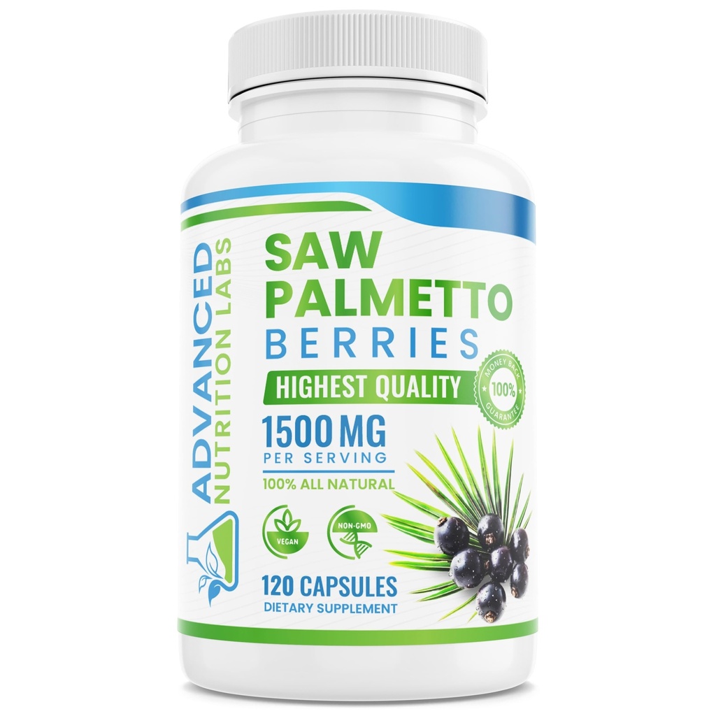 Sega Palmetto Berries & Extract - 1500 mg Sega Palmetto Supplemento per Uomo & Donne - DHT Blocker per la crescita dei capelli, supporto della prostata & salute urinaria - 120 capsule vegane