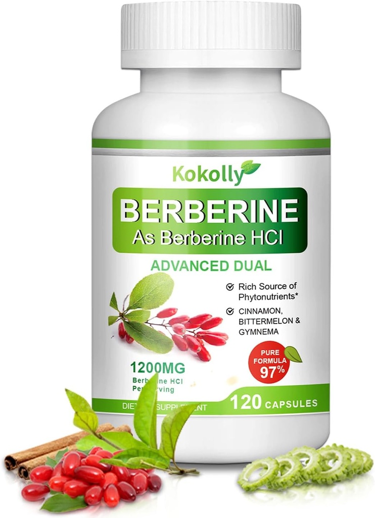 Integratore di Berberina 1200mg -Natural Plant- Basato con Berberina HCL, Cannella, Bittermelon, Gymnema(120 capsule)