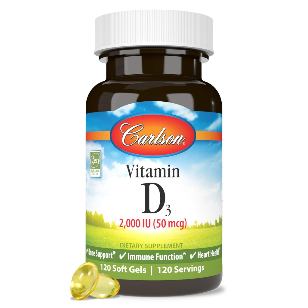 Carlson - Vitamina D3, 2000 IU (50 mcg), Supporto Immune, Salute Bone, Salute Muscolare, Cholecalciferol, Integratori di vitamina D, Vitamina D3 Soft Gel, 120 Softgels