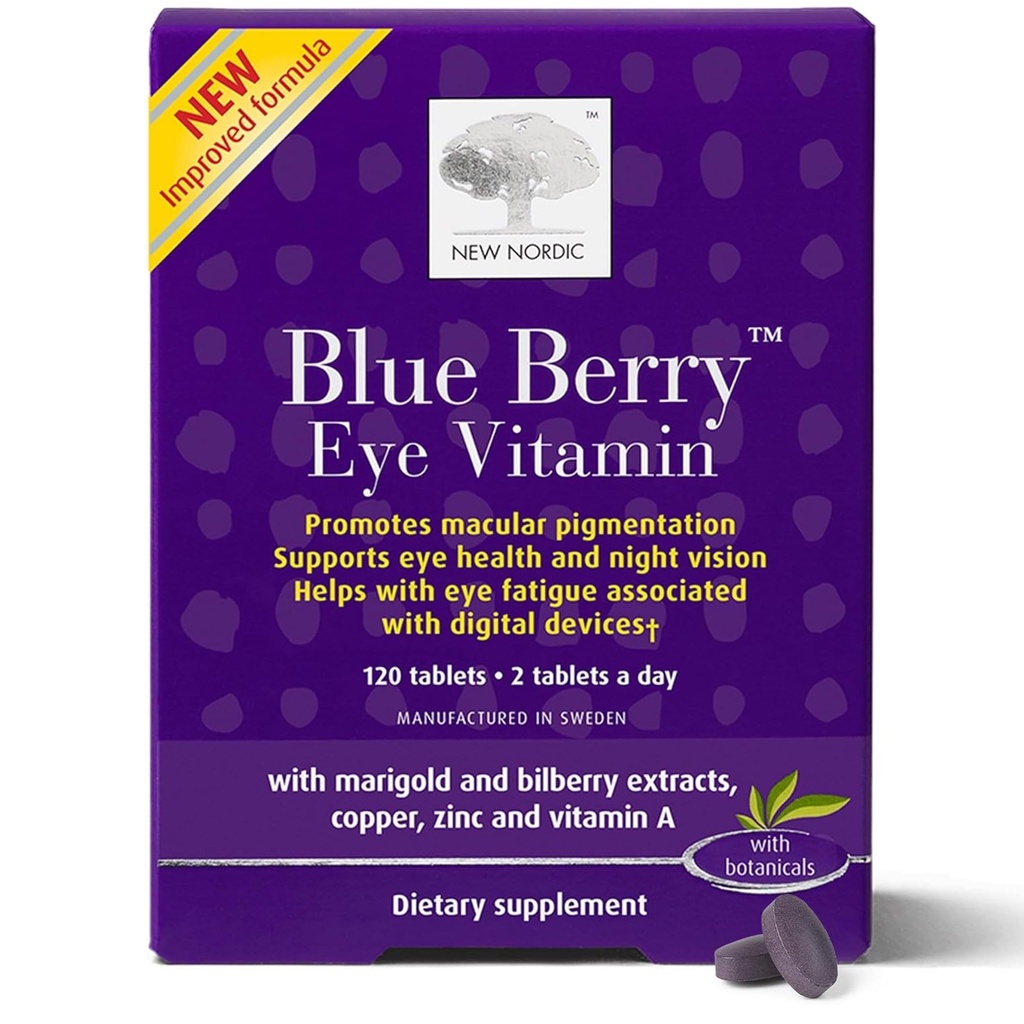 NUOVO NORDIC Blue Berry Eye Vitamin Lutein Supplemento con zinco, Supporta la pigmentazione maculare, Eye & Vision Funzione, 120 compresse (Pack of 1)