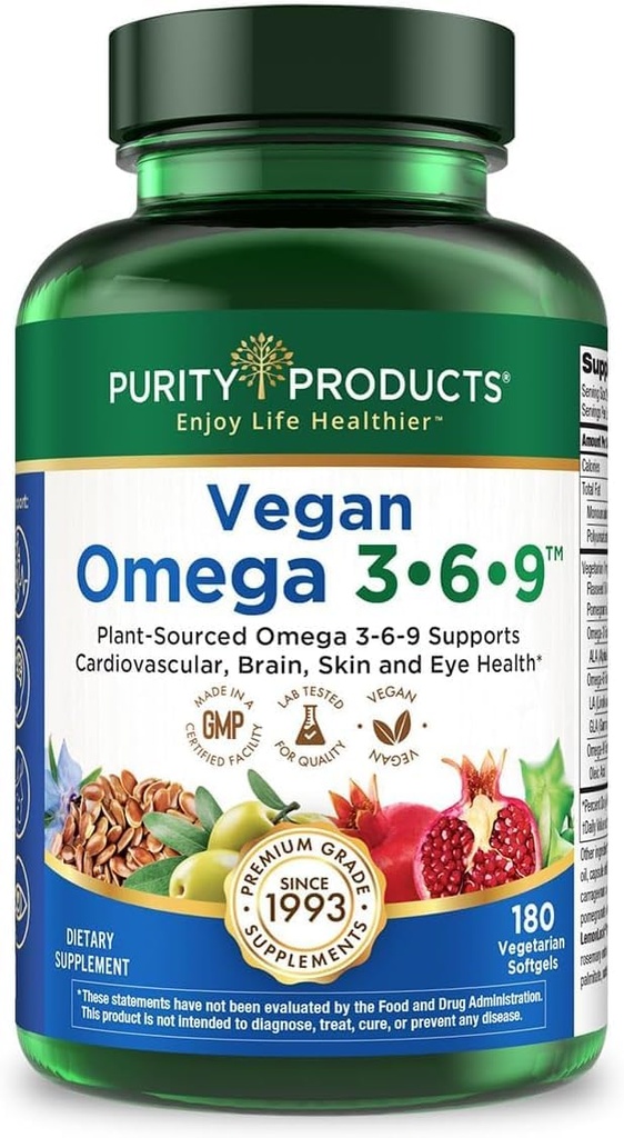 Prodotti di purezza Vegan Omega 3-6-9 Formula - "5 in 1" Essential Fatty Acid Complex - scientificamente formulato Plant-Based Omega 3 6 9 acidi grassi essenziali (EFA) - 3 mesi di alimentazione - 180 Softgels