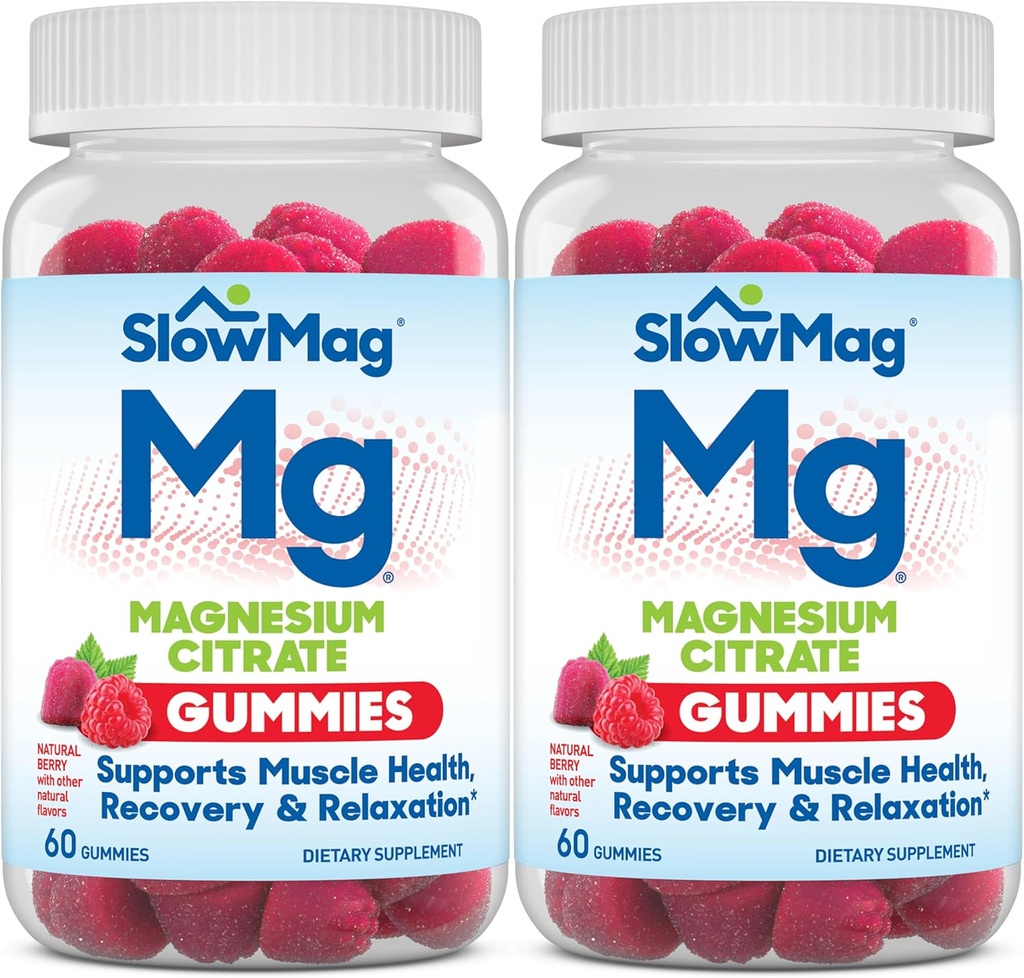 SlowMag Magnesium Citrate Gummies, 60 Conte, Supporta la salute del muscolo, Natural Berry Flavor, Recupero & Relax Pack di 2