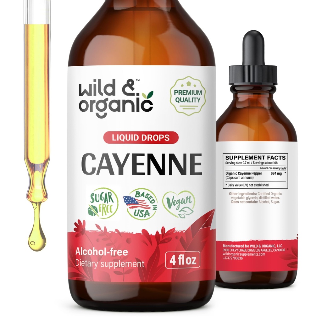 Wild & Organic Cayenne Pepper Tincture - Supporto Digestivo con Estratto di Capsaicina - Cayenne Pepper Liquid Drops for Overall Well-Being - Vegan, Sugar & Alcohol-Free - 4 fl oz