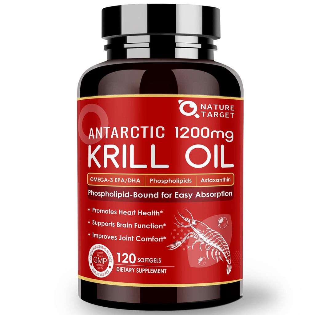NATURE TARGET Krill Oil 1200mg con Omega-3 EPA & DHA con Astaxantina, Phospholipids & Choline - Supporti Cuore, Cervello, Unire Salute, Non OGM, Gluten Free, 120 Softgels (60 Servings)