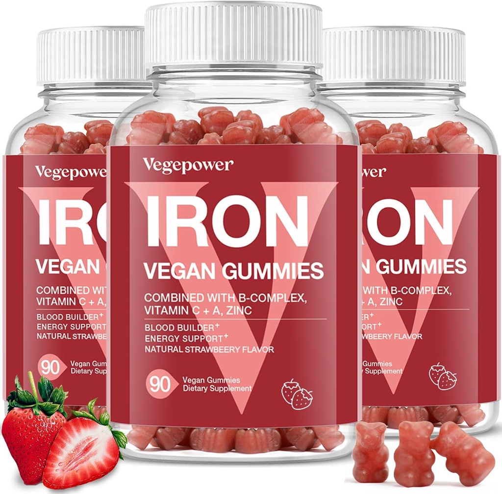 Iron Gummies Integratori per Bambini & Donne - Multivitamina con Ferro per Sangue Sano, Grande Tasting Vitamine Gomma con Vitamina C per Assorbimento Max - Fragola (3 Pacchetti)