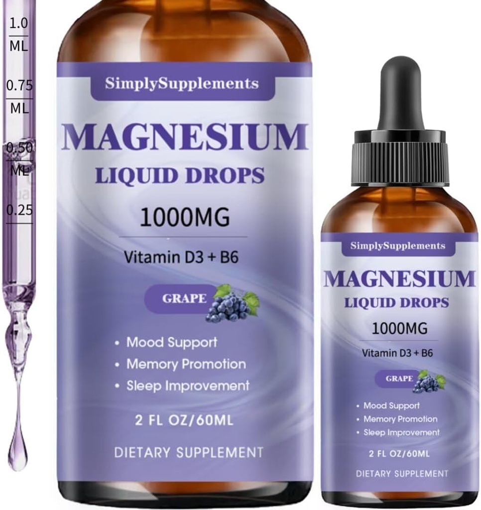 Triplice Magnesio Complesso Gocce Liquide, 1000mg Magnesio Gocce Glycinate, Taurate & Citrate con L-teanina, Vitamina D3 & B6 per il sonno e il supporto muscolare, Magnesio Calma, Uva Flavor, 2 Fl OZ