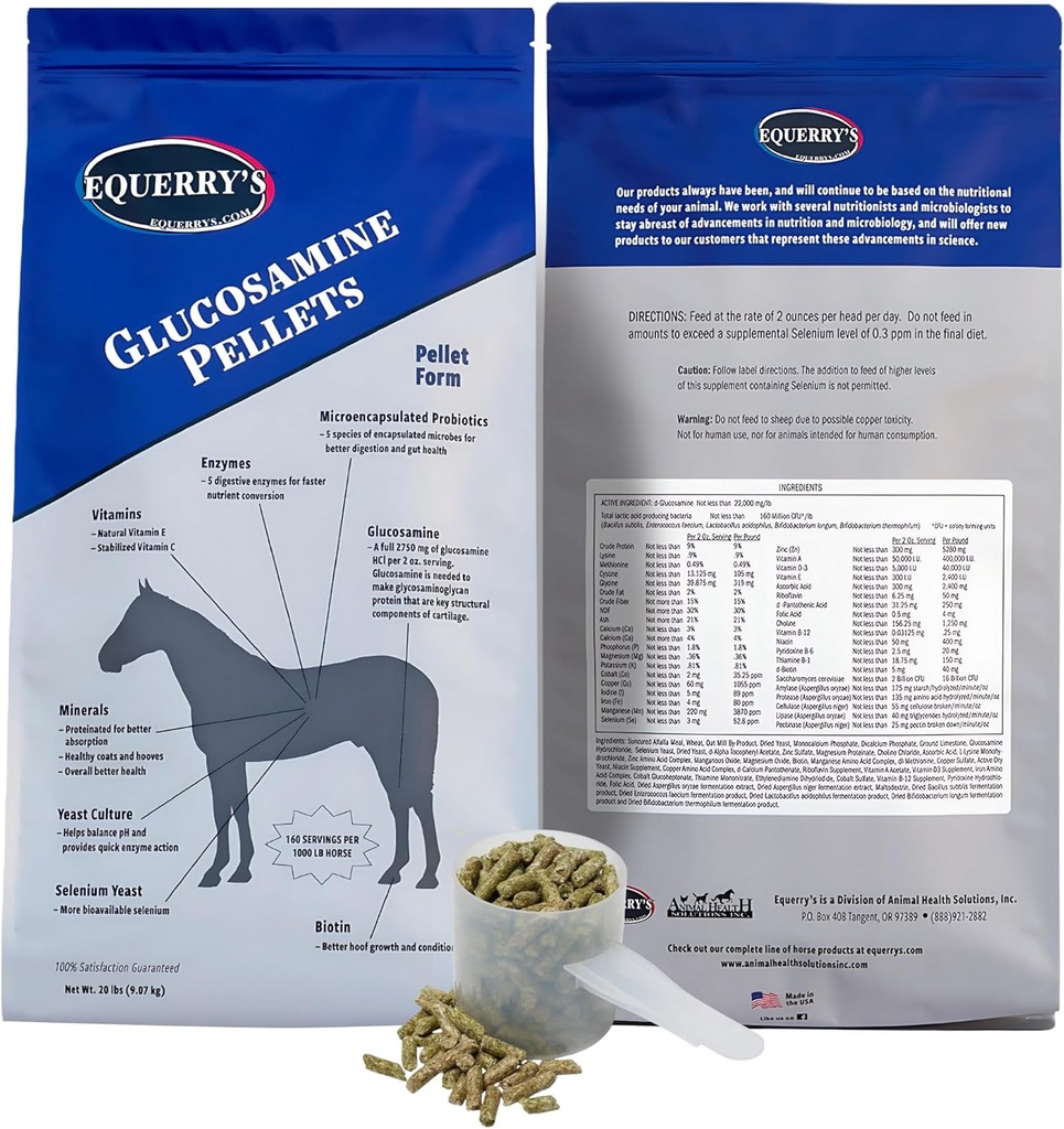 Pellets Glucosamine di Equerry - Supporto congiunto per cavalli con probiotici, enzimi digestivi, vitamine e minerali - Made in USA - 20lb
