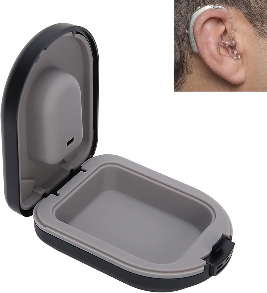 Custodia per apparecchi acustici, Custodia per apparecchi acustici, BehindtheEar Hearing Aid Accessori, Scatola di stoccaggio della resistenza alla caduta impermeabile, Nero (2,6 x 2 x 1in)