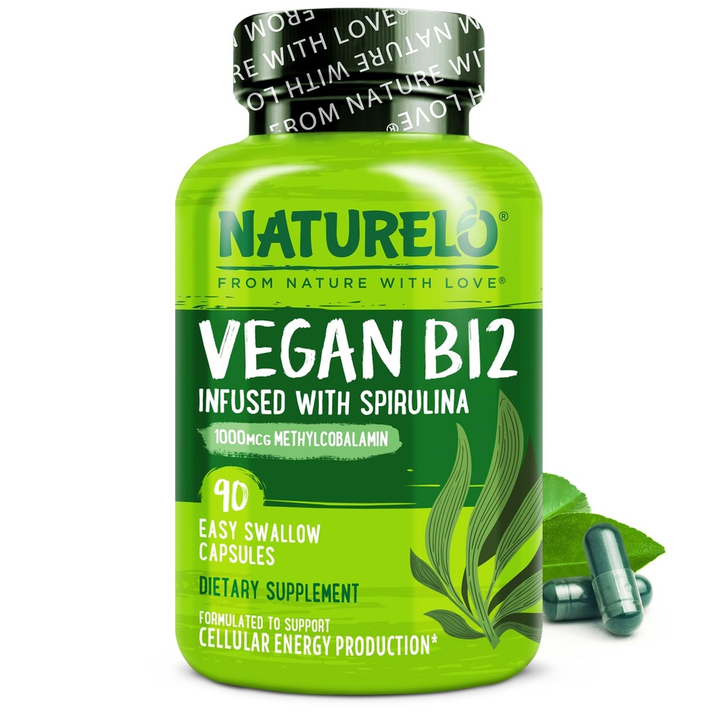 NATURELO Vegan B12 - Methyl B12 con Spirulina Organica - Alta Potenza Vitamina B12 1000 mcg Methylcobalamin - Supporta Mood sano, Energia, Cuore e salute degli occhi - 90 capsule