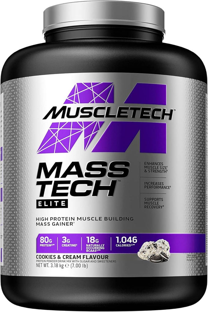 Polvere di proteina di guadagno di massa MuscleTech massa-Tech polvere di proteine del siero di latte + polvere di proteine del costruttore del muscolo della creatina completa i biscotti e la crema, 7 lbs (la varia di maggio del pacchetto)