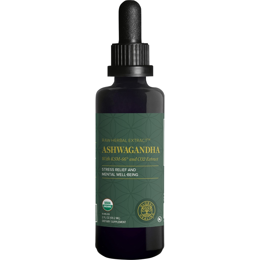 Global Healing Center - Organic Ashwagandha Supplementi Gocce - KSM-66 Ashwagandha Extra Forza per Uomini & Donne, Aiuta a promuovere il sollievo da stress, Mood Support, Organic (2 Fl Oz)