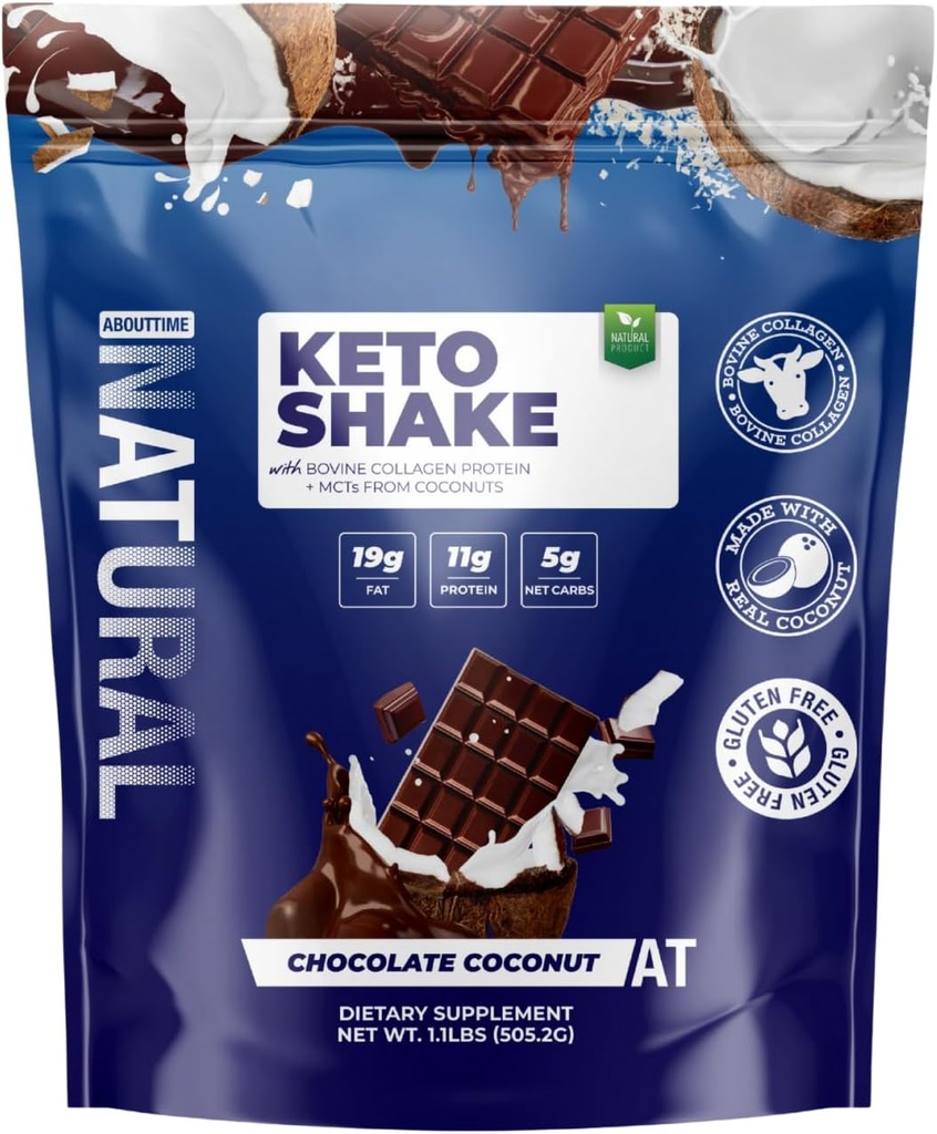 Keto Shake Chocolate Coconut with Bovine Collagen Protein + MCTs from Coconuts | 11g Protein, 19g Fat, 5g Carbs Net | Gluten-Free, Non-GMO, 12 Servings