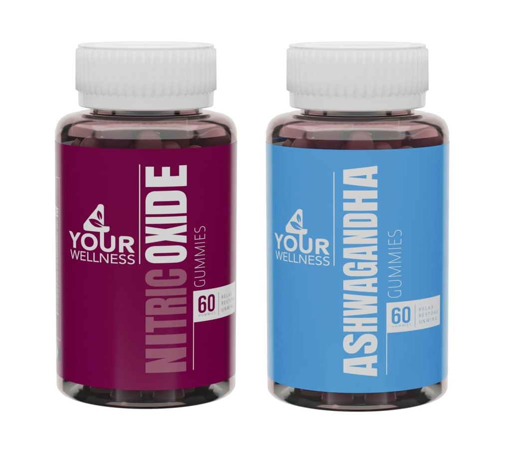4YWN Nitric Oxide e Ashwagandha Gummies Supplement Bundle, Boosting Energy and Restoration, Non OGM, Gluten-Free, Gelatin Free & Kosher | for Daily Focus Boost