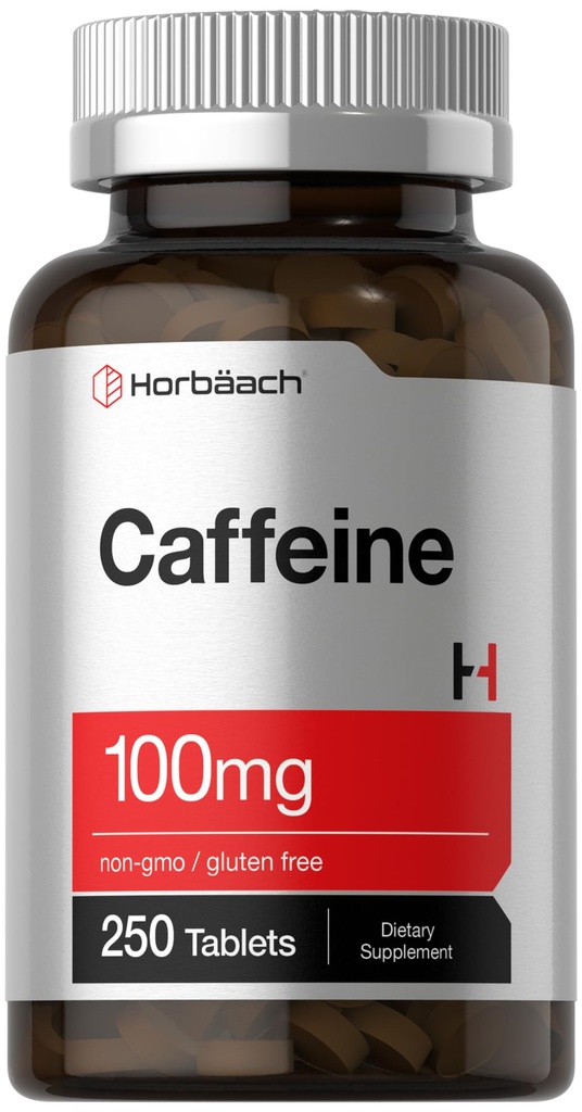 Horbäach Caffeine Pills 100mg | 250 compresse | Formula vegetariana | Non OGM, Integratore senza glutine