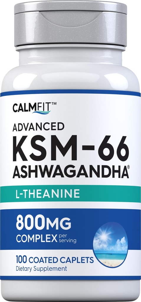 Piping Rock KSM-66 Ashwagandha L-Theanine Supplement | 800mg | 100 Caplets | Estratto di radice complesso avanzato | Vegan, Non OGM, Gluten Free