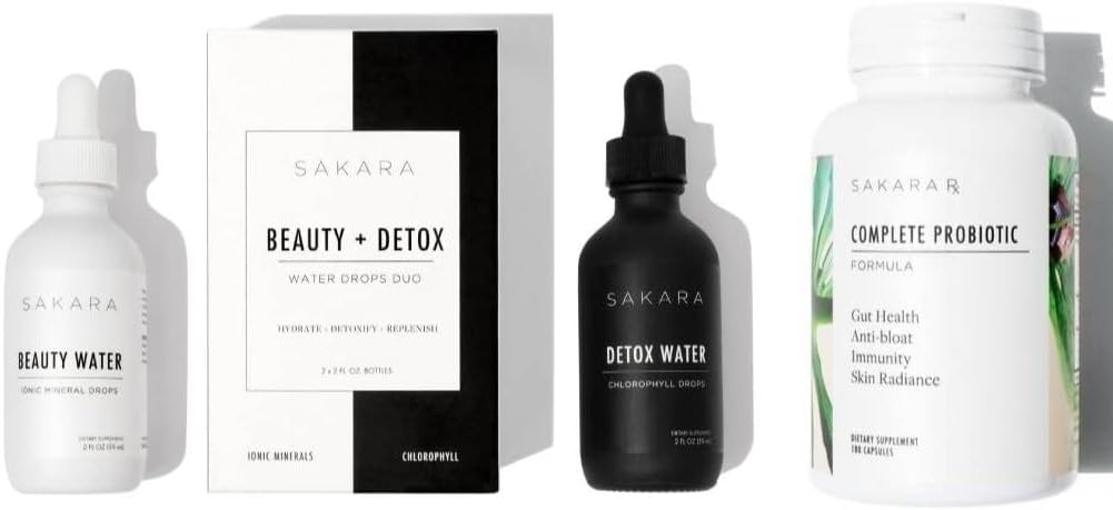 Sakara Beauty Water + Detox Gocce d'acqua & Probiotici completi - Gocce minerali di trace & Gocce di clorofilla liquide, Probiotici per la salute digestiva delle donne