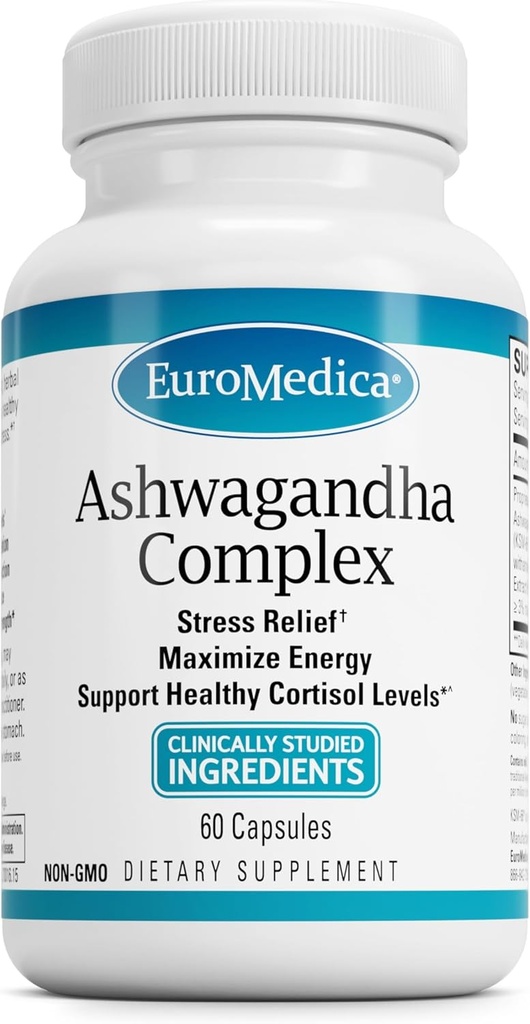 EuroMedica Ashwagandha Complex - Supplemento per sostenere la salute surrenale - Ashwagandha Supplemento con Rhodiola Rosea Extract - Integratore di erbe per sostenere l'energia e la concentrazione - 60 capsule