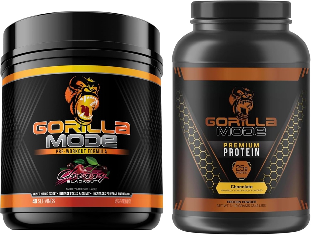 Gorilla Mind Pre Workout (Cherry) + Premium Whey Protein (Chocolate) - Stack completo per il rifornimento massimo risultati di allenamento