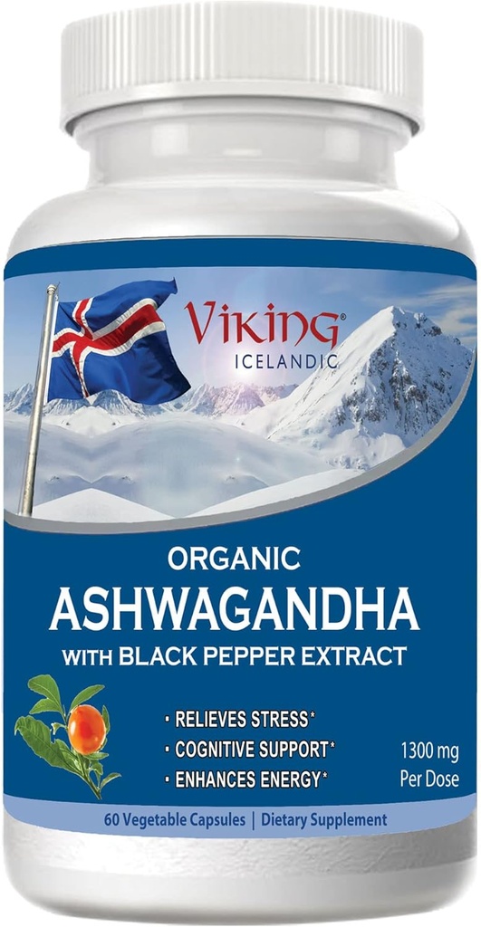 Viking Organic Ashwagandha con Black Pepper Extract Icelandic. 60 Vegan Capsules - Assorbimento massimo per Stress, Mood & Energy Support