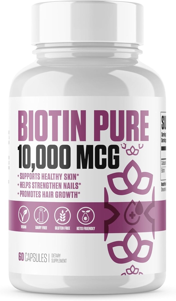 Biotin Pure 10.000 MCG + Calcio | #1 Nuovo Max Dose Biotin B7 Supplemento Pillole per capelli più sani e più lunghi, Skin & Nails | Capsule vegani per uomini e donne - 60 Serve