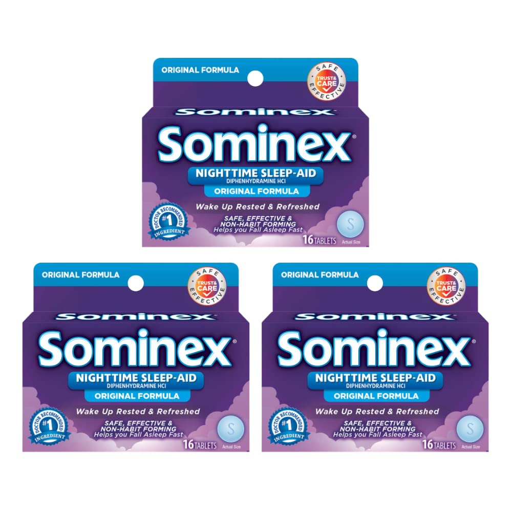 Sominex Tempo massimo di notte di resistenza Sleep-Aid | Diphenhydramine HCI | 16-Caplets per Pack | 3-Pack