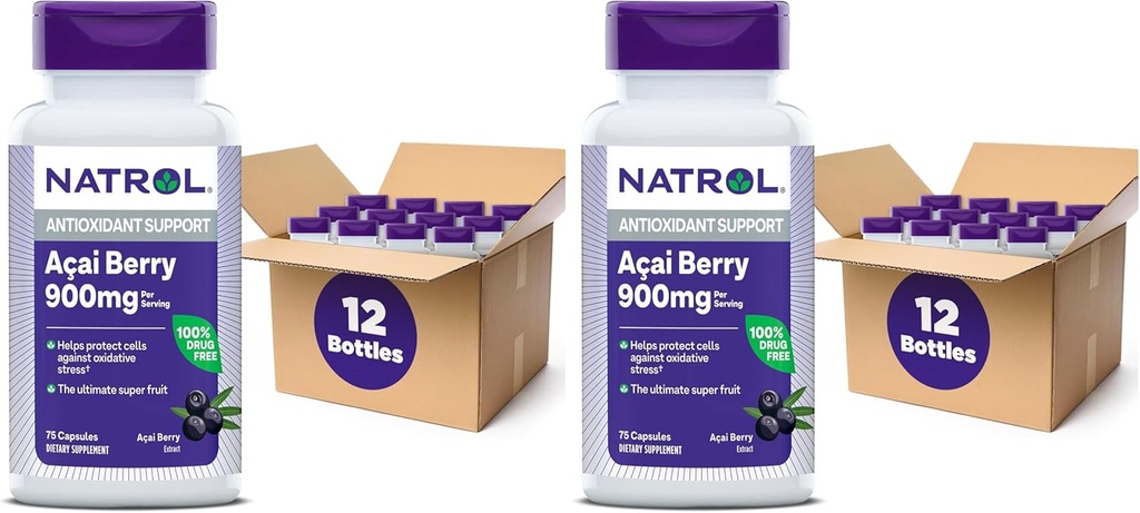 Natrol Acai Berry, Supplemento dietetico, Protezione Antiossidante & Difesa, The Ultimate Super Fruit, 1.000 mg capsule di verdure, 75 Conte (Pack of 24)