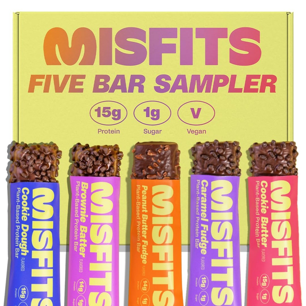 Misfits Vegan Protein Bars - Ricetta aggiornata | Plant Based, Low Sugar & Carb, Spuntini ad alta fibra | Variety Sample Pack per provare i sapori | Confezione di 5 (1 di ogni aroma)