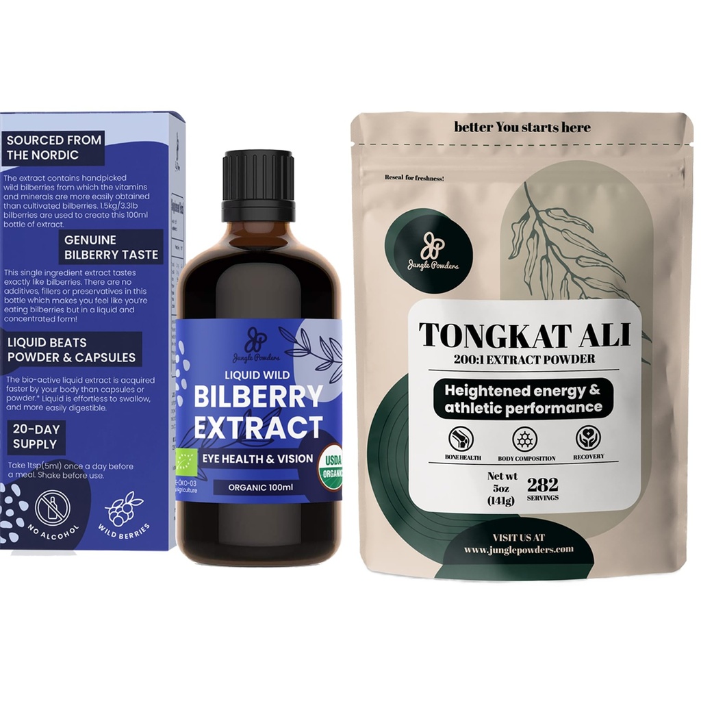 Polveri della giungla Tongkat Ali per gli uomini polveri 200:1 estratto 5 sacchetto di oncia, estratto di mirtillo selvatico per gli occhi 3,4oz organico Bottiglia Bilberry Supplemento per occhi