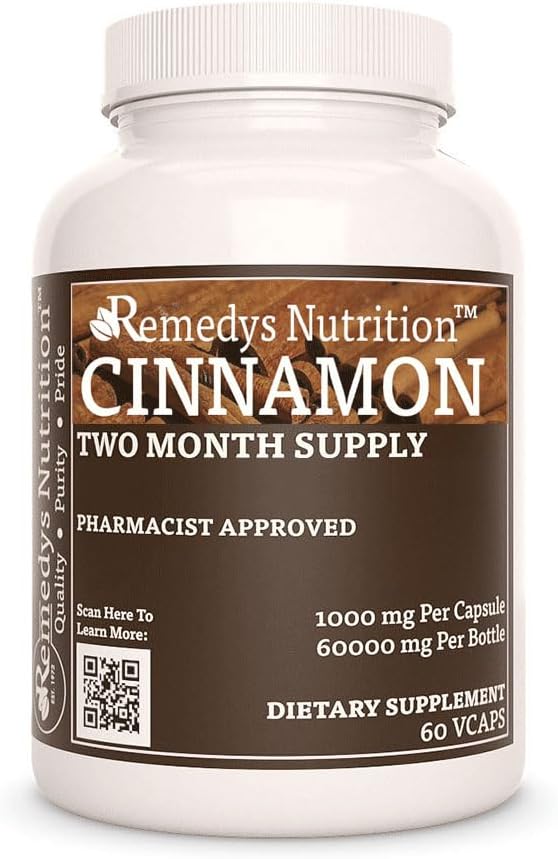 Alimentazione di Remedy Cinnamon Bark Ceylon | 1.000 mg, 60 Vegan Capsules Integratore alimentare a base di erbe | Fornitura di due mesi