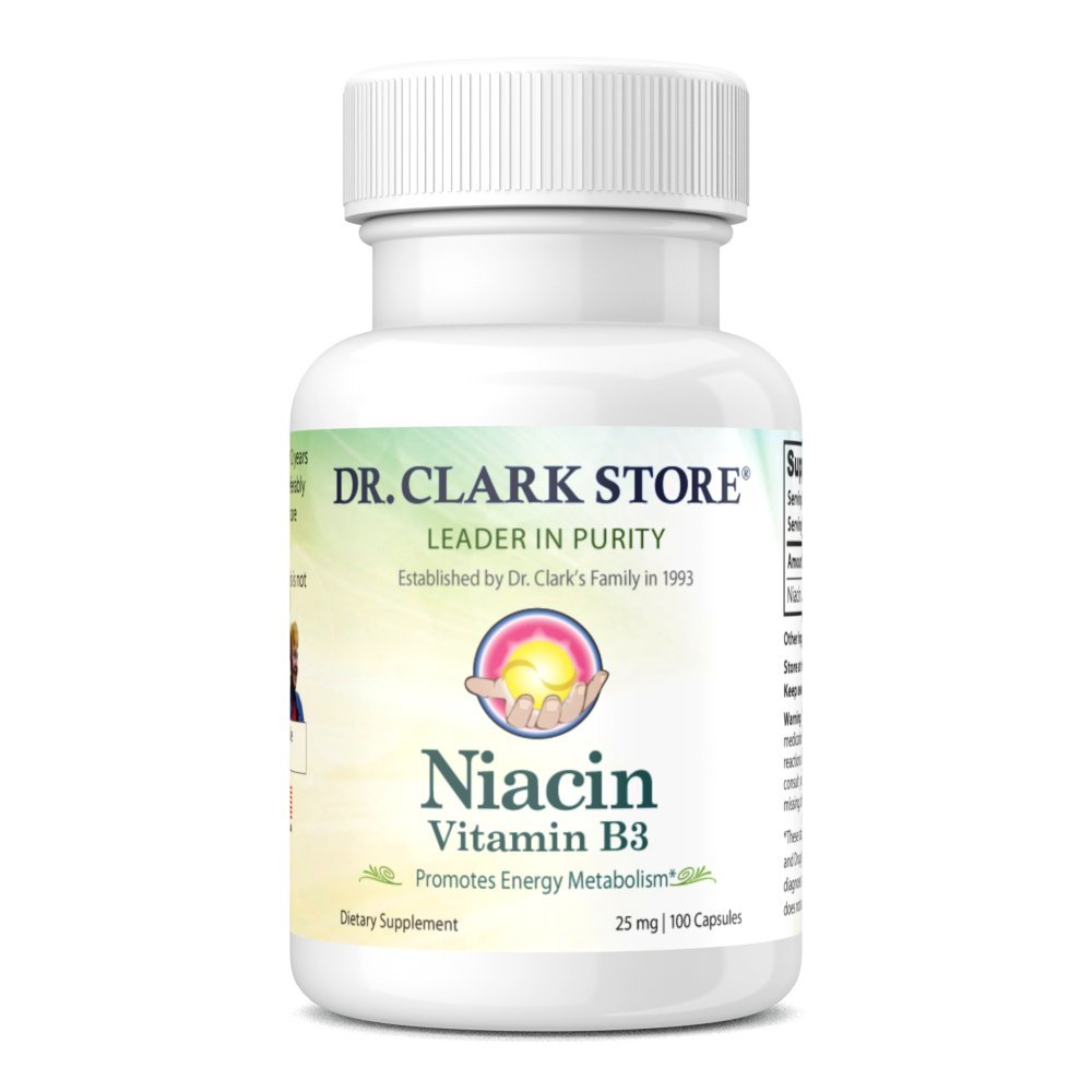 Dr. Clark Niacin (Vitamin B3) Supplemento – 25mg, 100 Gelatin Capsule, Supporti Circolazione & Livelli di colesterolo sano