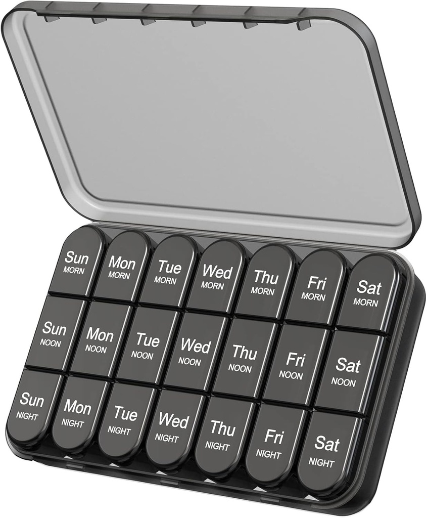 Daviky Pill Organizer 3X al giorno, settimanale Pill Box 7 giorno, Travel Pill Case with Large Containers, Light-Proof Pill Case for Vitamins, Farmaco, Supplements and Fish Oils (nero)