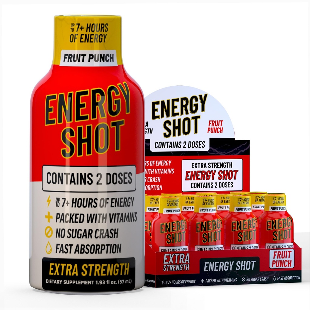 Fruit Punch Extra Strength Energy Shot 12 pk – 260mg Natural Caffeine B12 B6 – Energy & Focus Support – 2 Serve Sugar Free Zero Calorie Green Tea B-Vitamins Electrolytes Vegan – 1.93 fl oz