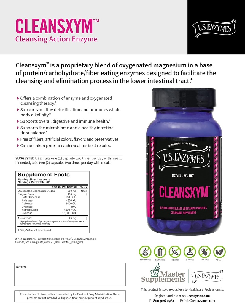 U.S. Enzymes CLEANSXYM 62 capsule vegetariane. Pulire il supplemento.