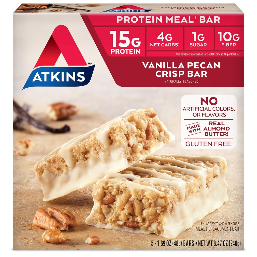 Atkins Vanilla Pecan Crisp Protein Meal Bar, High Fiber, 1g Sugar, 4g Net Carb Meal Sostituzione, Keto Friendly, 5 Count