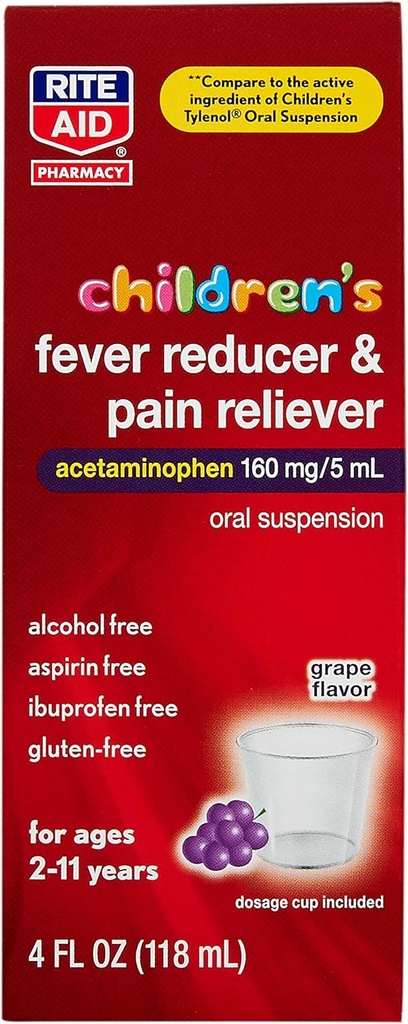 Rite Aid Acetaminophen, Grape Flavor, 160 mg - 4 fl oz | Riduzione del dolore e della febbre | Medicina fredda per bambini | per età 2-11 anni vecchio | Riduzione della febbre per bambini | Riduzione del dolore per bambini