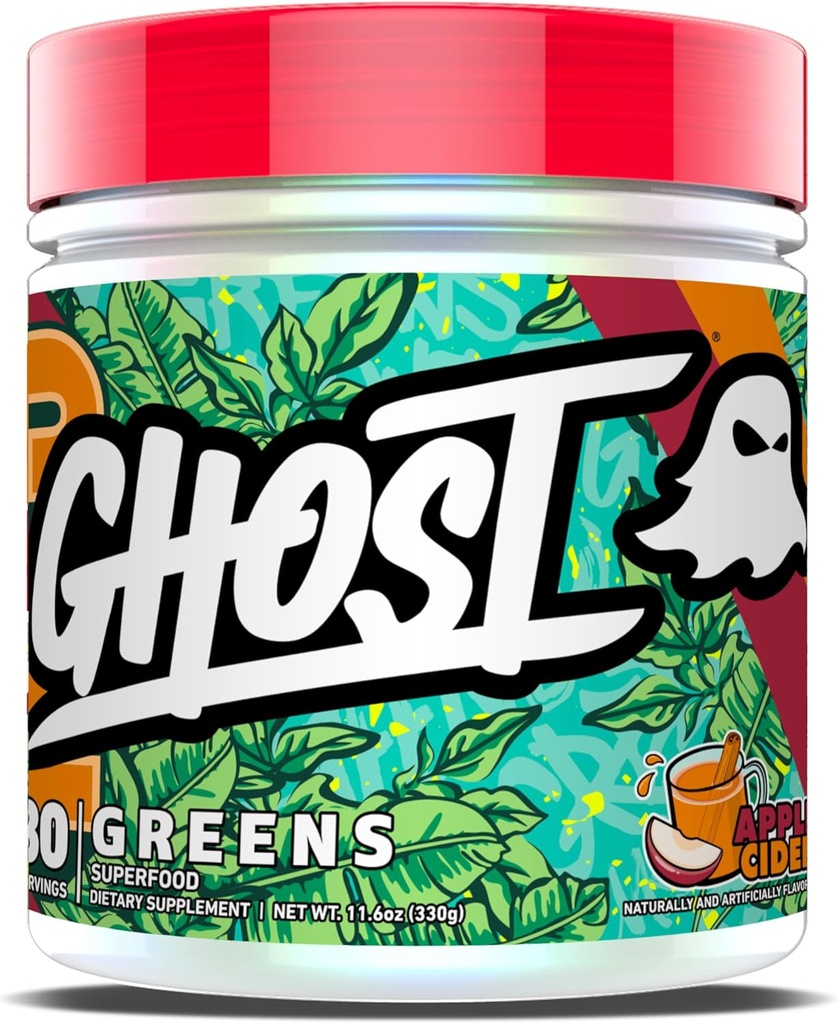 Polvere di GHOST Greens, sidro di mele - 30 Serve - 19 Superfood Greens & Reds Powder, Frutta, Verdura, Spirulina, & Chlorella, Prebiotics, 10 miliardi di CFU Probiotici & Digestivi Enzimi - senza glutine