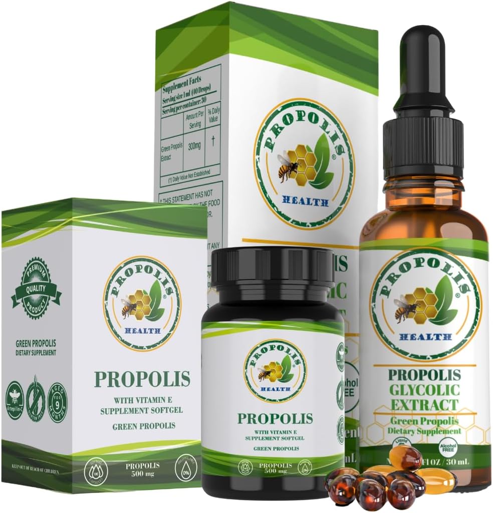 Propolis Health Premium Brazilian Green Propolis Bundle: 1000mg capsule con vitamina E & Green Propolis Extract Liquid - 50 giorni Capsule & 30 giorni Liquido per il supporto immunitario