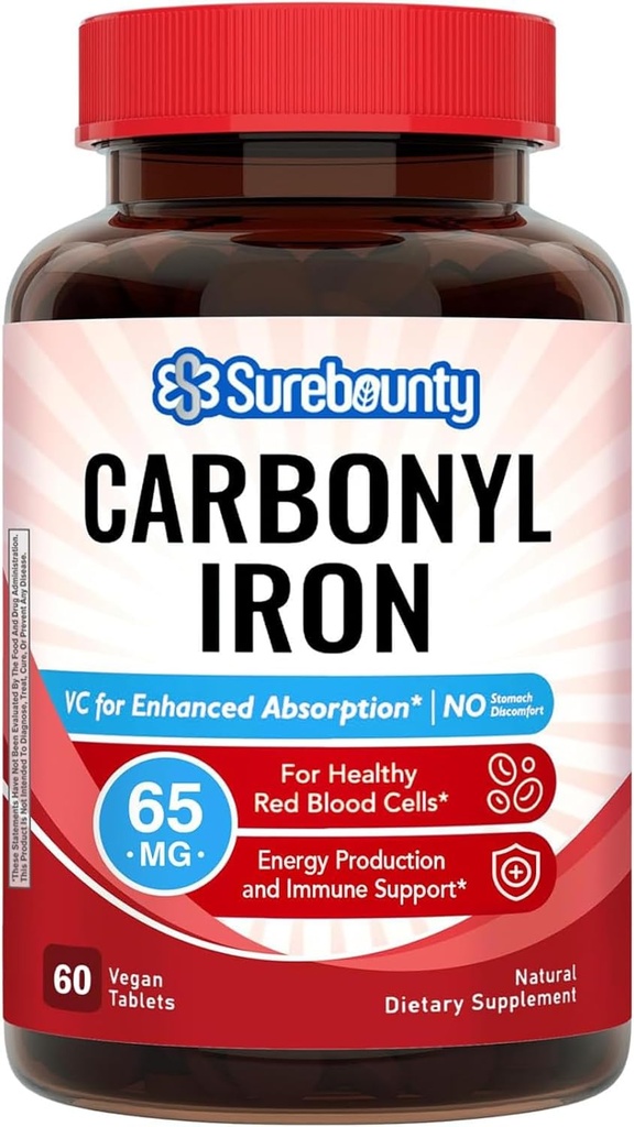 Ferro al carbonio, con vitamina C naturale, delicato sullo Stomach, alto assorbimento, per la funzione delle cellule del sangue rosso, supporto energetico, Vegan, 60 Tabs