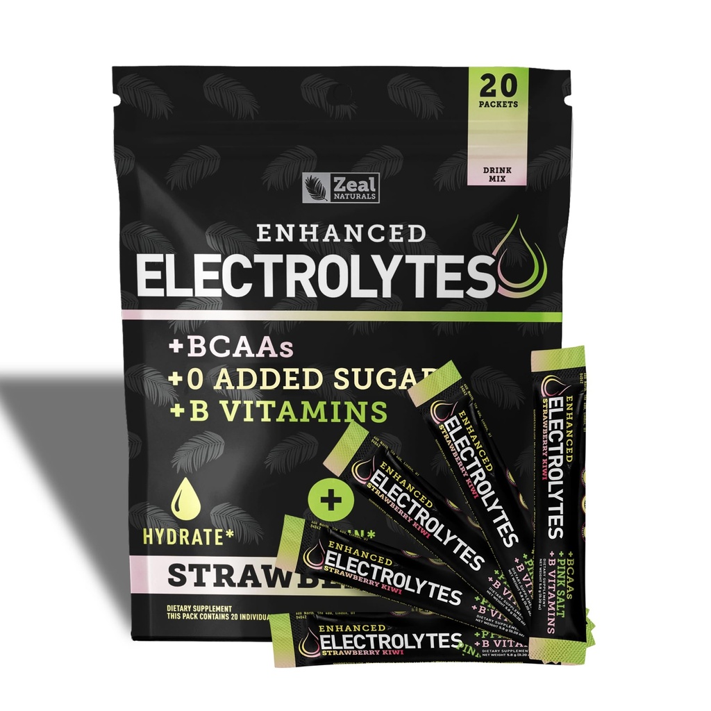Pacchetti di bacchette di elettrolito migliorati (Strawberry Kiwi | 20 Packets) w/ 0 Zucchero +BCAAs +B-Vitamins Integratore elettrolitico w Potassium Zinc & Magnesio per l'idratazione - Keto Electrolytes