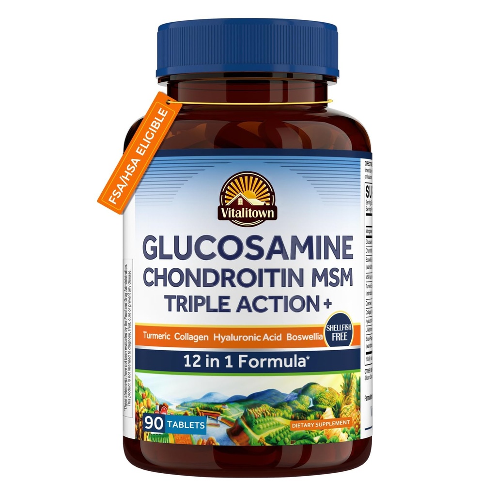 Vitalitown Glucosamine Chondroitin MSM | Collagene, Boswellia, Turmerico, Acido Ialuronico, Bromelain | Formula Triple Action+ | 12 Ingredienti | 90 Compresse, No Shellfish