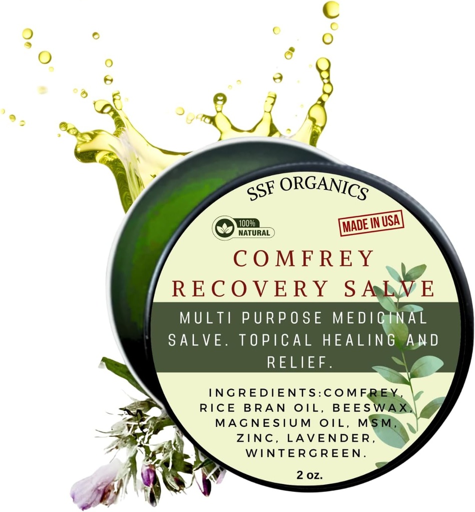SSF Organics Comfrey Recovery Salve. Balmo di erbe organico per ossa, muscoli, articolazioni, denti, pelle, gonfiore e cura del tatuaggio. Artigianato, lento infuso. Nessun filler chimico. 2 oz