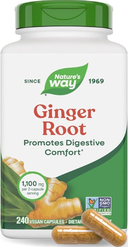 Green Way Ginger Root Capsules 550 mg per capsula, Digestive Comfort* Riduce il movimento-relato Nausea*, 1,100 mg per 2 capsule, non OGM Project verificato, Vegan, 240 Count (Packaging May Vary)