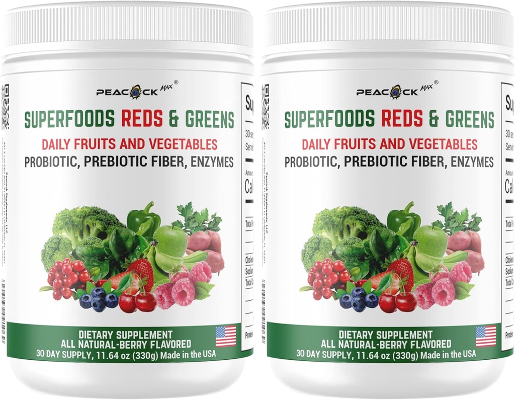 Superfood Reds & Greens Powder - 11.64 oz (Pack of 2), Prebiotics & Probiotics for Digestive Health, Super Greens Powder with Ashwagandha, Antiossidanti, Vegan, Non OGM