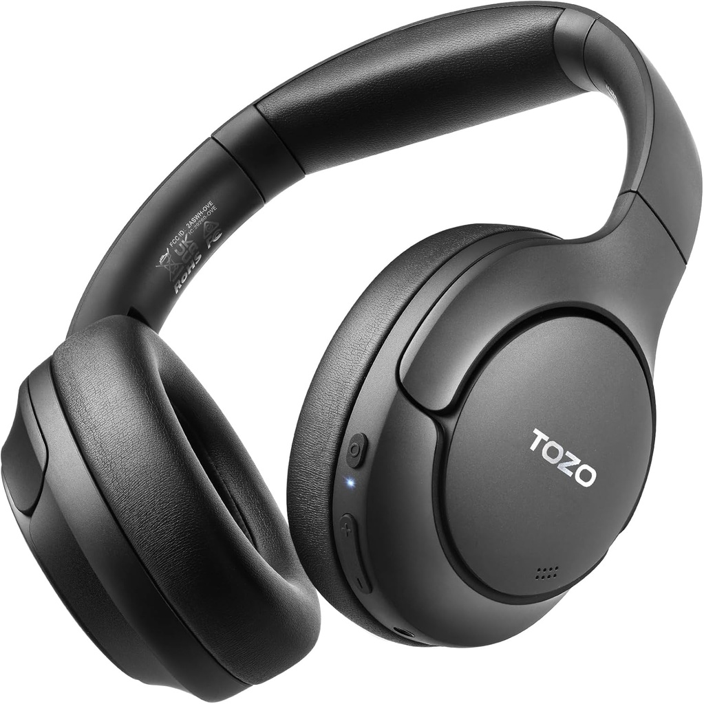 TOZO HT2 Hybrid Active Noise Cancelling Cuffie, Wireless Over Ear Bluetooth Headset, 60H Playtime, Hi-Res Audio Custom EQ tramite App Deep Bass Comfort Fit Ear Cup, per Home Office Travel Black