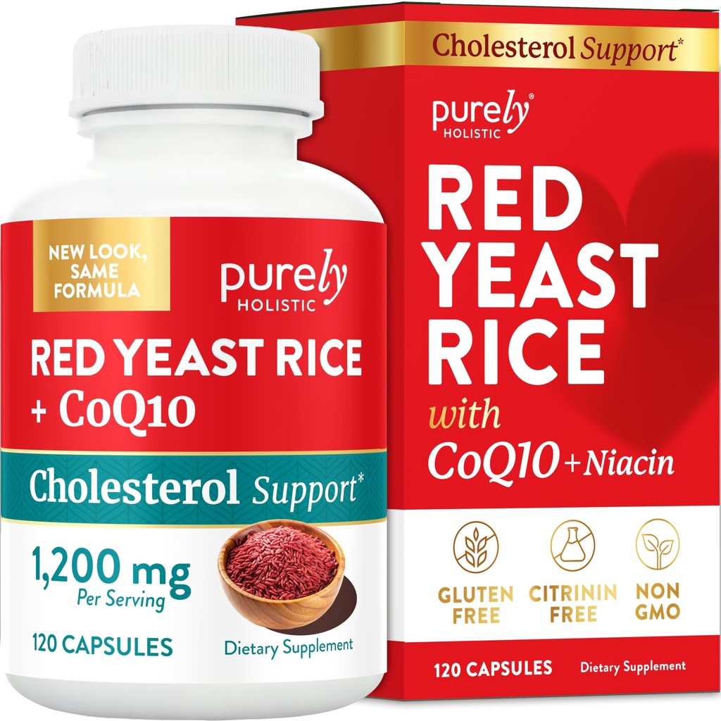Riso di lievito rosso 1200mg con CoQ10 Supplemento & Flush Gratuito Niacin 120 Extra Forza Capsule Vegetariani – Advanced Healthy Heart Formula - Non-Irradiato, Citrinin Free