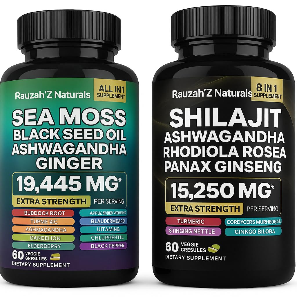 Moss del mare e Shilajit Bundle - Moss del mare, olio di semi neri, Ashwagandha, Ginger & Shilajit,Rhodiola Rosea, Panax Ginseng